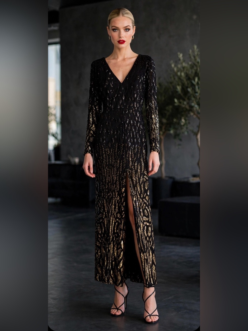 Gold Sequin Long Sleeve V-Neck Gown with Slit